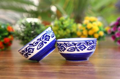 Bright Shop Ceramic Serving Bowl Ceramic Bowls, Katori Bowl Blue Color, Floral Print Bowl Set (Pack Of 2) Best For Serving Snacks, Sauce, Ghee, Butter Etc.
