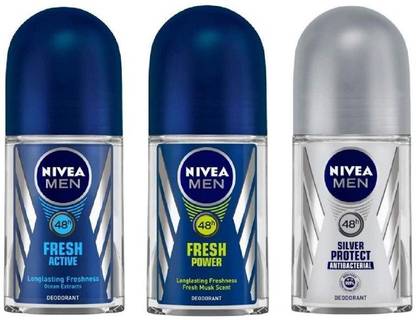 NIVEA Deodorant Roll-On Combo , Fresh Active , Fresh Power , Silver Protect , 50 Ml Each Deodorant Roll-on  -  For Men & Women