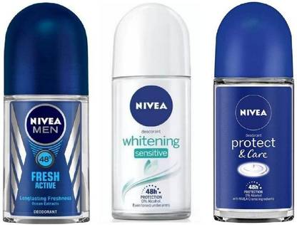 NIVEA Deodorant Roll-On Combo , Fresh Active , Whitening Sensitive , Protect & Care 50 Ml Each# 90 Deodorant Roll-on  -  For Men & Women