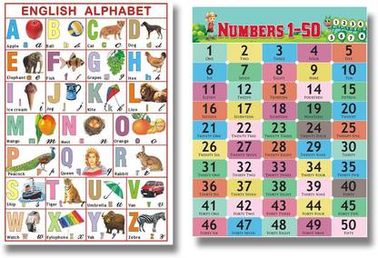 Set of 2 ABCD, 1 to 50 Numbers Hd Print for Kids Learning Paper Print