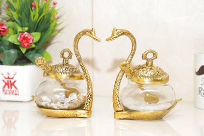 KridayKraft Metal Kissing Duck Transparent Glass Bowl with Spoon Set of 2 pcs for Saunf Supari Tray,Dry Fruit and Candy for Home & Offce Table Decoration Animal Showpiece Serving Bowl... Bowl Serving Set