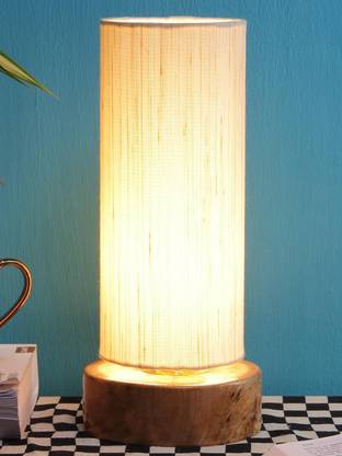 Devansh off-white cotton shade with Round wood Base Table Lamp