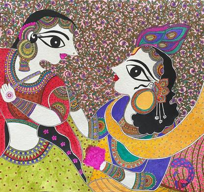 IndusCreations Radha Krishna Handmade Original Madhubani Painting Traditional Folk Art Acrylic 24 inch x 24 inch Painting