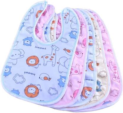 Kidsify Baby Button Bibs Apron for Feeding and Drooling Cute Animated Print with Tich Button Double Layered Waterproof (Pack of 5)
