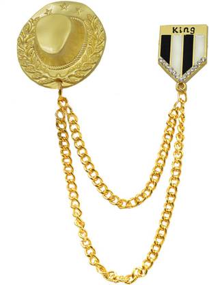 Sullery Mens Suit Rhinestone Crystal Gold Tone Kings Cap Label Pin With Hanging Chain Brooch