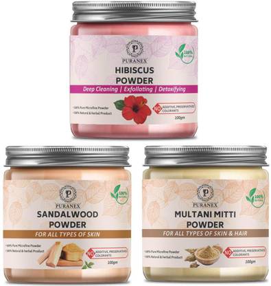 puranex 100 % Natural & Pure Hibiscus Powder For Spotless, Deep Cleaning, Exfollating & Detoxifying Skin & Sandal Wood Powder For Removal of Sun Tan and Dullness,Gives Natural Soft, Reducing Blemishes and Remove Acne, Glowing & Shiny Skin & Multani Mitti Powder For Natural Soft, Pimple free, Oil Free, Glowing & Shiny Skin (Face Pack for Men & Women) 300 GM (Pack of 3) 100 GM Each