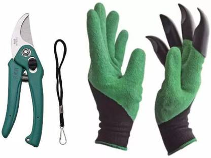 Protos India.Net Garden Gloves With Pruner Combo Carbon Steel Blade - Gloves Washable Right Hand Fingertips ABS Claws Gardening Tool (Combo) Garden Tool Kit