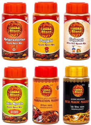Tadka Blast Indian Spices all in one ready masala combi pack (Desi Magic Masala 100gm + Marination Masala 100gm+ maharashtrian ready mix masala 100gm+Punjabi Ready Mix Masala 100gm+Gujrati ready mix masala 100gm+ Jain Masala ready Mix masala)