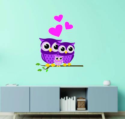 SUDARSHAN STICKER 106 cm Two Cute Cartoon Owl with baby owl on tree branch wall sticker (PVC Vinyl 106 cm X 88 cm) Self Adhesive Sticker