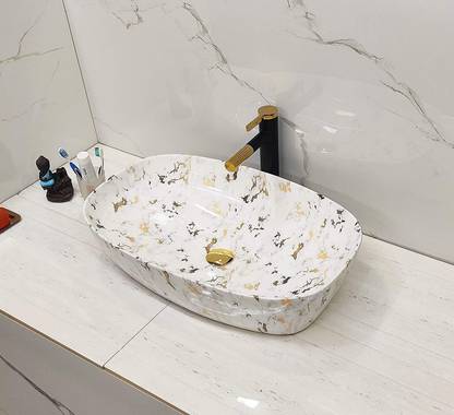 BASSINO Art Wash Basin Countertop, Tabletop Ceramic Bathroom Sink/Basin (500x380x140mm) (Marble2) Table Top Basin