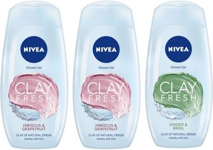 NIVEA Women Shower Gel Combo, Clay Fresh Hibiscus & Grapefruit, 250ml (Pack of 2), Clay Fresh Ginger & Basil, 250 ml  (3 Items in the set) at Rs. 243
