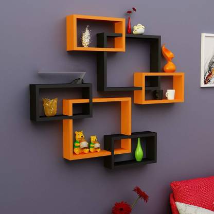 Decorhand Intersecting MDF Wall Shelves Set of 6 Solid Wood Display Unit