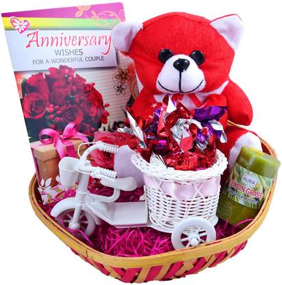 MANTOUSS Anniversary Chocolate Gift Hamper/anniversery Gift for Parents/Gift for Husband/Gift for Wife-Basket+Chocolate Filled Cycle+Teddy Bear+Scented Candle+aninversary Greeting Card Wooden, Cotton, Paper, Plastic Gift Box