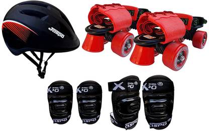 Jaspo Tenacity Red Intact Adjustable Senior Roller Skates Combo Suitable for Age Group 6 to 14 Years (Skates+ Helmet + Knee Guard+ Elbow Guard + Bag+Key) Skating Kit
