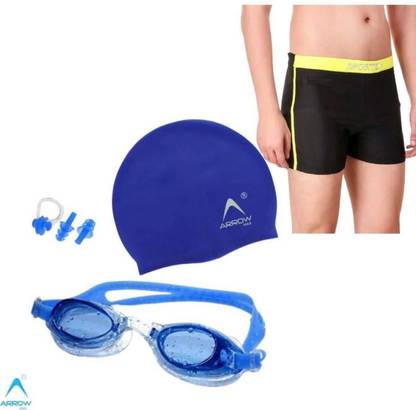 ArrowMax Premium swimming goggle , cap , earplugs , noseplug and trunk shorts ( waist 32-34) Swimming Kit