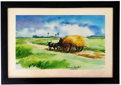 THE GODS GARDEN INDIAN VILLAGE SCENERY Watercolor 11 inch x 13 inch Painting