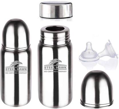 Steel Hawk Anti Colic Sterilizable Steel Feeding Bottle Combos | For Baby Milk Bottle, Milk Soup Water Juice Bottle | 304 Stainless Steel Grade Anti Colic Medical Grade Silicone Treat Feeding Bottle(300ml+300ml) - 600 ml