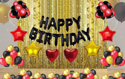 TRISHRA Solid Happy Birthday Black Letter with Star and Heart Foil Balloon with Golden Fringe Curtain and HD Metallic Balloons Plus Ribbon Decoration kit Balloon