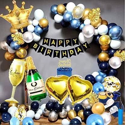 SV Traders Birthday Party Decoration Party Combo Kit Of 88 Pcs -Black Bunting Banner(13)+Golden Foil Crown 30 Inches(1)+Foil Champagne Bottle 40 Inch(1)+Wine Foil Glass 40 Inch(1)+Gold Foil Heart 18 Inch(2)+Golden Confetti Balloon(5)+Metallic HD Balloon Blue(20)+White(10)+Silver(20)+Golden(10)+Balloon Pump(1)+Balloon Garland Kit(1)+Balloon Glue Dots100(1)+Balloon Tying Knot(1)+Balloon Curling Ribbon(1)