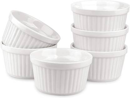 SkyKey Bone China Ramekin Bowl Bone China Ramekins Durable Baking Cups for Soufflé, Crème Brulee, Custards, Pudding and Ice Cream, Pack of 6, 110 ML