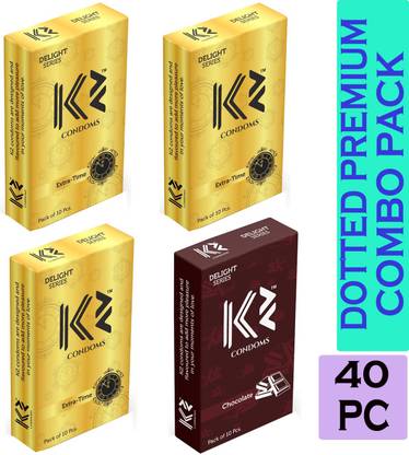 K2 Premium Dotted Extra Time 3 * 30 pcs, Chocolate 1 * 10 pcs Flavoured Standard Combo Pack Condom Condom
