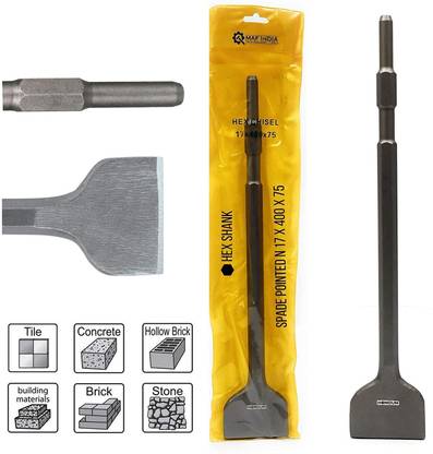Homdum 17 x 400 x 75 Hex Shank Flat Spade Pointed Chisel 17 x 400 x 75 Hex Shank Flat Spade Pointed Chisel for 5 kg Demolition Hammer Concrete Breaker Jack Hammer Tool bit for Tile Chipping/Wall Slotting/Scraping Masonry Brick. (17x400x75mm) Rotary Hammer Drill