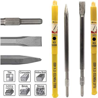 Homdum 17 x 400 Hex Shank Flat Bull Point Chisel 2pc Combo 17 x 400 Hex Shank Flat Bull Point Chisel 2pc Combo for 5 kg Demolition Hammer Drill Concrete Breaker Jack Hammer Tool bit for Tile Chipping/Wall Slotting (17X400MM) Rotary Hammer Drill