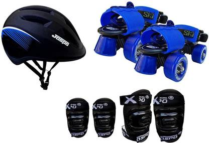 Jaspo Tenacity Blue Intact Adjustable Senior Roller Skates Combo Suitable for Age Group 6 to 14 Years (Skates+ Helmet + Knee Guard+ Elbow Guard + Bag+Key) Skating Kit
