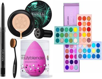 Crynn Smudge Proof Waterproof Long Lasting Kajal & Korean Mushroom Air Cushion CC Cream Foundation & Powdered Blender Sponge Puff & Oval Foundation Makeup Brush & Beauty Glazed Color Board 60 Shades Eyeshadow Palette