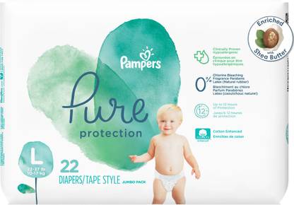 Pampers Pure Protection baby diapers, Hypo allergenic and unscented protection, 0% chlorine , paraben , latex ,Large size taped diapers, LG 22 Count - L