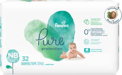 Pampers Pure Protection baby diapers, Hypo allergenic and unscented protection, 0% chlorine , paraben , latex, Newborn taped diaper (NB), 32 Count - New Born