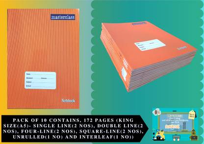 Ankit Notebook A5 Notebook Single, Double, Four-Line, Square-Line - each 2 nos and Interleaf , Unrulled - each 01 Nos 172 Pages