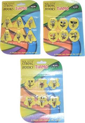 Tiamo Triangle, Oval, Flower Plastic Smiley Emoticon Yellow Hooks Made in India for Bathroom/ Kitchen /Wall (18hooks) Hook 18