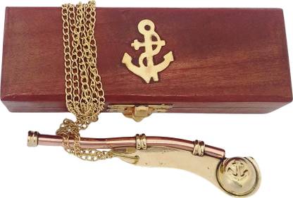 Shoptreed Nautical Brass Boatswain/Bosun pipe whistle chain with wooden box Key Chain