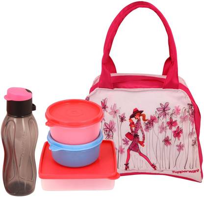 TUPPERWARE New Model Lunch Set Each Box Capacity(450ml, 450ml, 170ml) Bottle 500ml With Bag 4 Containers Plastic Office Lunch Box