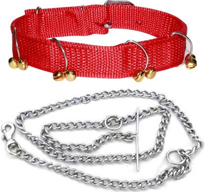 ADIOS Good Quality Dog Belt Combo of Red Ghungroo Collar with Dog Chain 1.5m Lengthy Dog Collar & Chain