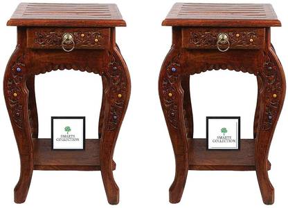 Smarts collection Bedside Table Antique Look Natural Wood with Drawer for Living Room Bedroom Side Standard Brown Set of 2 (Each Size 14 x 12 x 21 Inch) Solid Wood Side Table