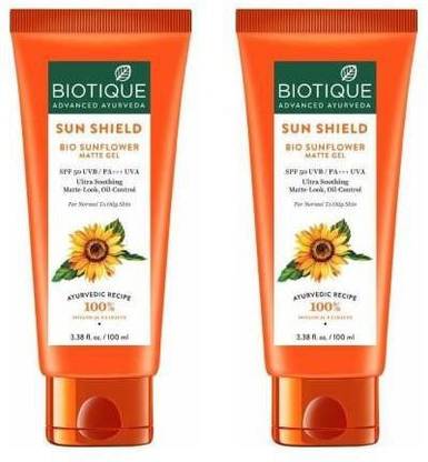 BIOTIQUE Sunscreen - SPF 50 PA+++ SUN SHIELD BIO SUNFLOWER MATTE GEL SUNSCREEN SPF 50 UVB (PACK OF 2 * 100g)