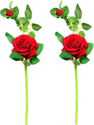 NERAPI Red Rose Flower Stick (Pack of 2) Red, Green Rose Artificial Flower