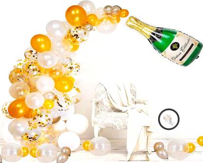 SV Traders Printed Wedding, Birthday, Celebration & Party Decoration Combo Kit Of 76 Pcs--Foil Champagne Bottle 40 Inches(1)+Golden Confetti Balloons(5)+Metallic HD Balloons Golden(30)+Silver(20)+White(20)+Balloon Glue Dots 100(1) Balloon
