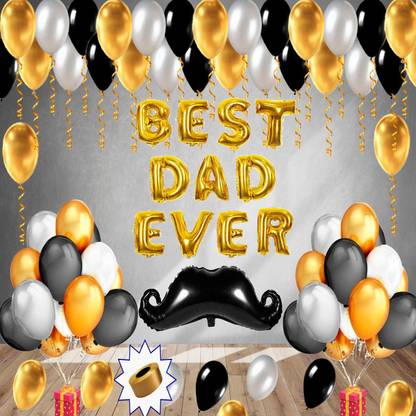 Party Station Solid Pack of 63 pcs Birthday/Fathers Day Decoration Combo for Dad - 1 set of Best Dad Ever Golden Foil Balloon + 50 pcs of Golden, Silver & Black Metallic Balloons + 1 pc of Moustache Foil Balloon + 1 Golden Curling Ribbpn Letter Balloon