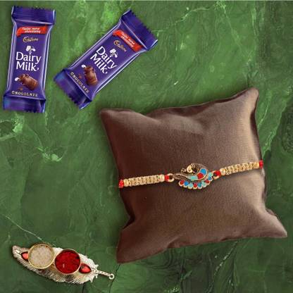 Cadbury Premium Designer Peacock Rakhi with 2 Pieces Dairy Milk Chocolates | Rakhi Chocolate Gift for Brother | Roli, Chawal, Chandan, Misri Combo