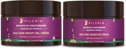 Pilgrim Nourish & Repair Vino Night Pamper range | Reduces Dark Circles, Eye-puffiness| Nourish & Repair | Red Vine Night Cream Gel 50g ,Under Eye Cream 30g | Normal,Dry,Oily Skin | Men & Women |