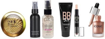 Wiffy PROFESSIONAL'S HIGH QUALITY FACE MAKEUP COMBO AT WHOLESALE PRICE FOR GORGEOUS LOOK SUPER QUALITY MATTE FIXER THE MATTE MAKEUP FIXER LONG LASTING AND HYDRATING FACE SPRAY ,FACE PRIMER FOUNDATION ILLUMINATING - 50 ML (TRANSPARENT) , BB 5 IN 1 FOUNDATION CREAM 60G , 2 IN 1 BB HIGHLIGHT AND 3D CONTOUR BALM STICK 6.2G AND HIGH BEAM LIQUID SILVER HIGHLIGHTER ( SILVER ) 24 K GOLDEN EDITION BAKED HIGHLIGHTER NATURAL FINE POWDER