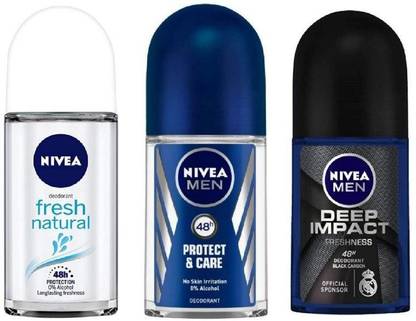 NIVEA Deodorant Roll-On Combo , Fresh Natural , Men Protect & care , Deep Impact , 50 Ml Each Deodorant Roll-on  -  For Men & Women