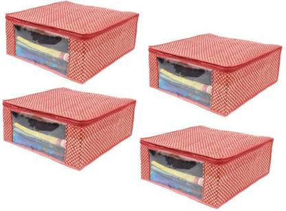 Tiarakrafts 4 Presents high quilted cotton saree cover storage bags for clothes big With primum quality fancy saree cover with zip combo offer low price & cloth organizer Set of 4 RED 4