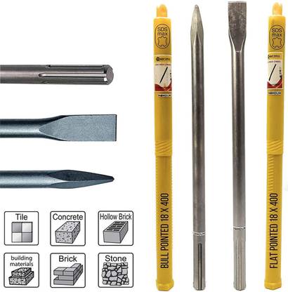 Homdum 18 x 400 SDS Max Shank Flat Bull Point Chisel 2pc Combo 18 x 400 SDS Max Shank Flat Bull Point Chisel 2pc Combo for 11 kg Demolition Hammer Drill Concrete Breaker Jack Hammer Tool bit for Tile Chipping/Wall Slotting (18X400mm) Rotary Hammer Drill