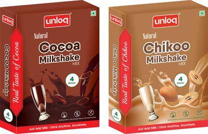 unloq Cocoa Milkshake + Chikoo (Sapota) Milkshake Instant Mix Combo Pack | Just add Milk | No Preservatives | No Artificial Flavours | No Artificial Colour | Drink Anytime – 45 g + 55 g (Serves – 4 + 4= 8 Glasses)
