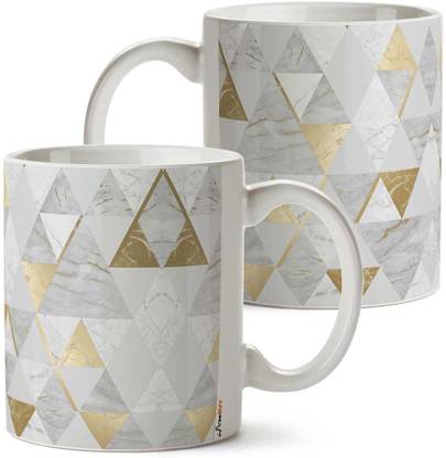 FirseBUY Grey Geometric Triangle Pattern Printed Ceramic 11Oz (Pack of 2) Ceramic Coffee Mug
