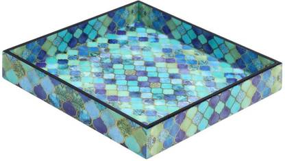 DULI Enamel Coated Multipurpose Tray in MDF 10x10 inches | Serving Tray for Home & Dining Table | Multipurpose Tray | Water & Heat Resistant Durable ( Blue Drops) Tray